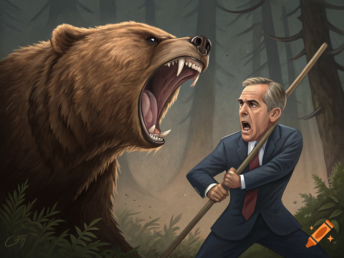 A large roaring brown bear confronts a frightened man holding a stick in a dark forest illustration.