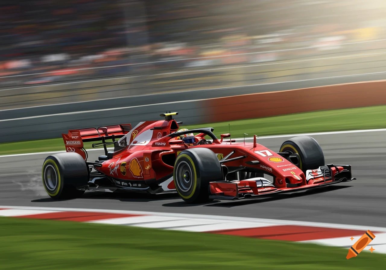 A red Formula 1 race car speeds around a track with motion blur in the background, under bright sunlight.