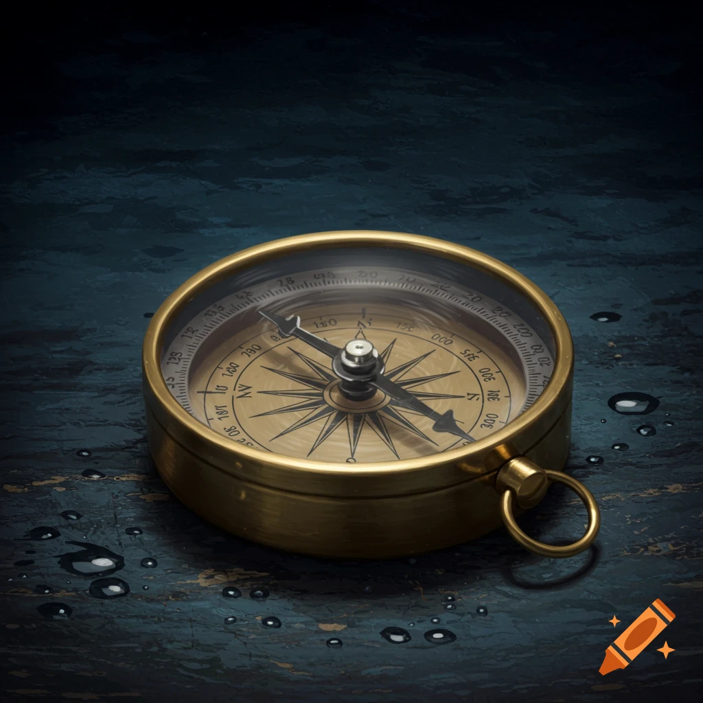 A brass compass with a spinning needle rests on a dark, wet surface.