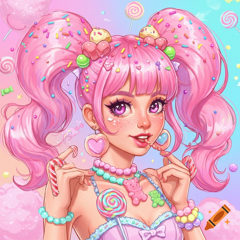A vibrant anime-style illustration of a girl with pink pigtails, adorned with colorful sprinkles, candy, and gummy bear jewelry, in a sweet pastel setting.
