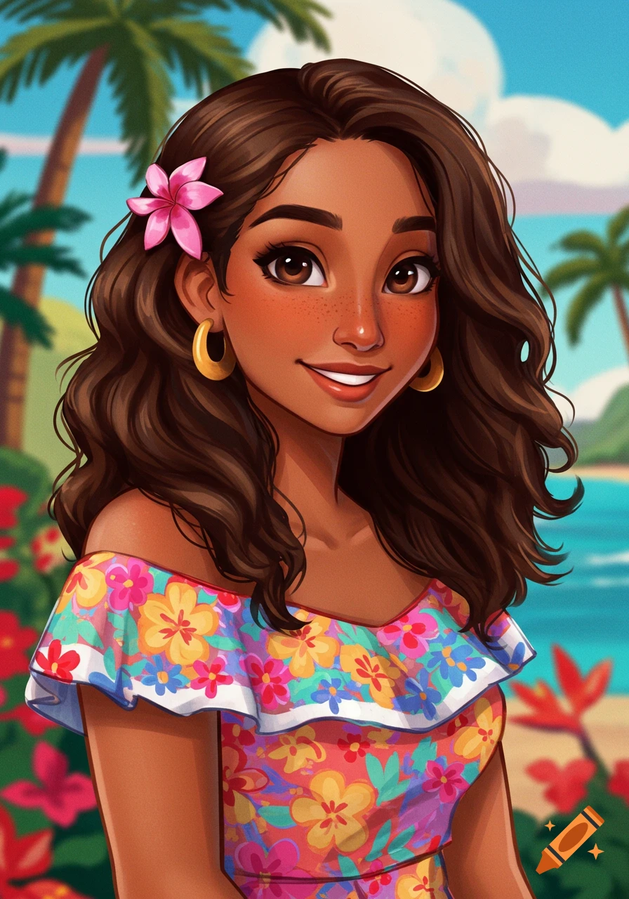 A smiling cartoon girl with dark wavy hair and a pink flower, wearing a colorful floral dress, against a tropical beach background.