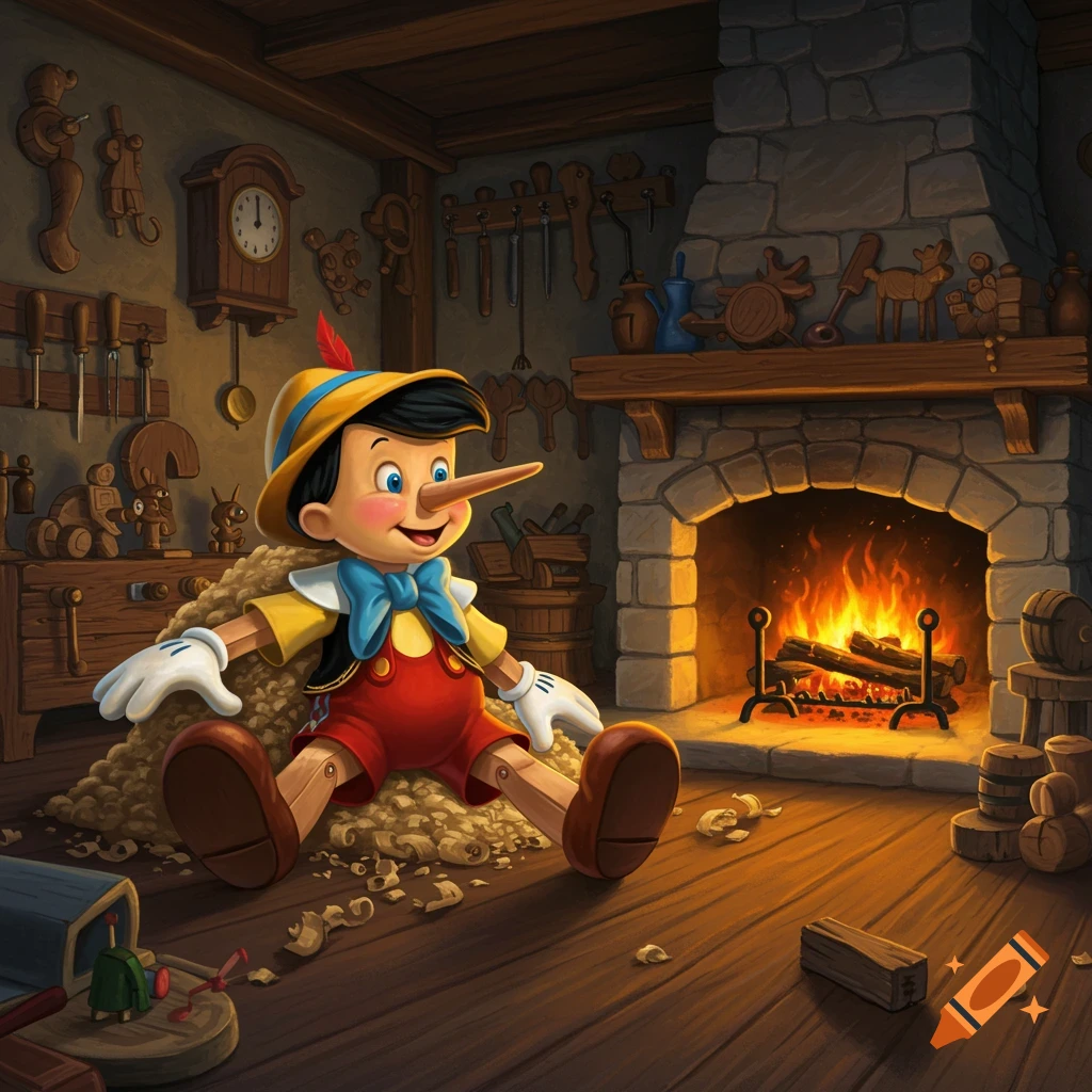 A smiling Pinocchio puppet sits in wood shavings by a warm fireplace in a cozy, detailed workshop.