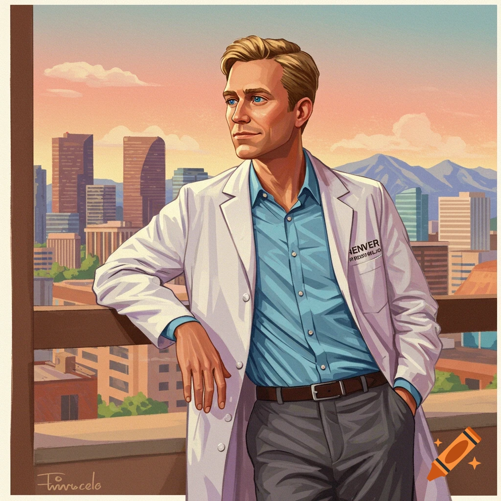 An illustrated portrait of a male doctor in a white lab coat overlooking a cityscape at sunset.
