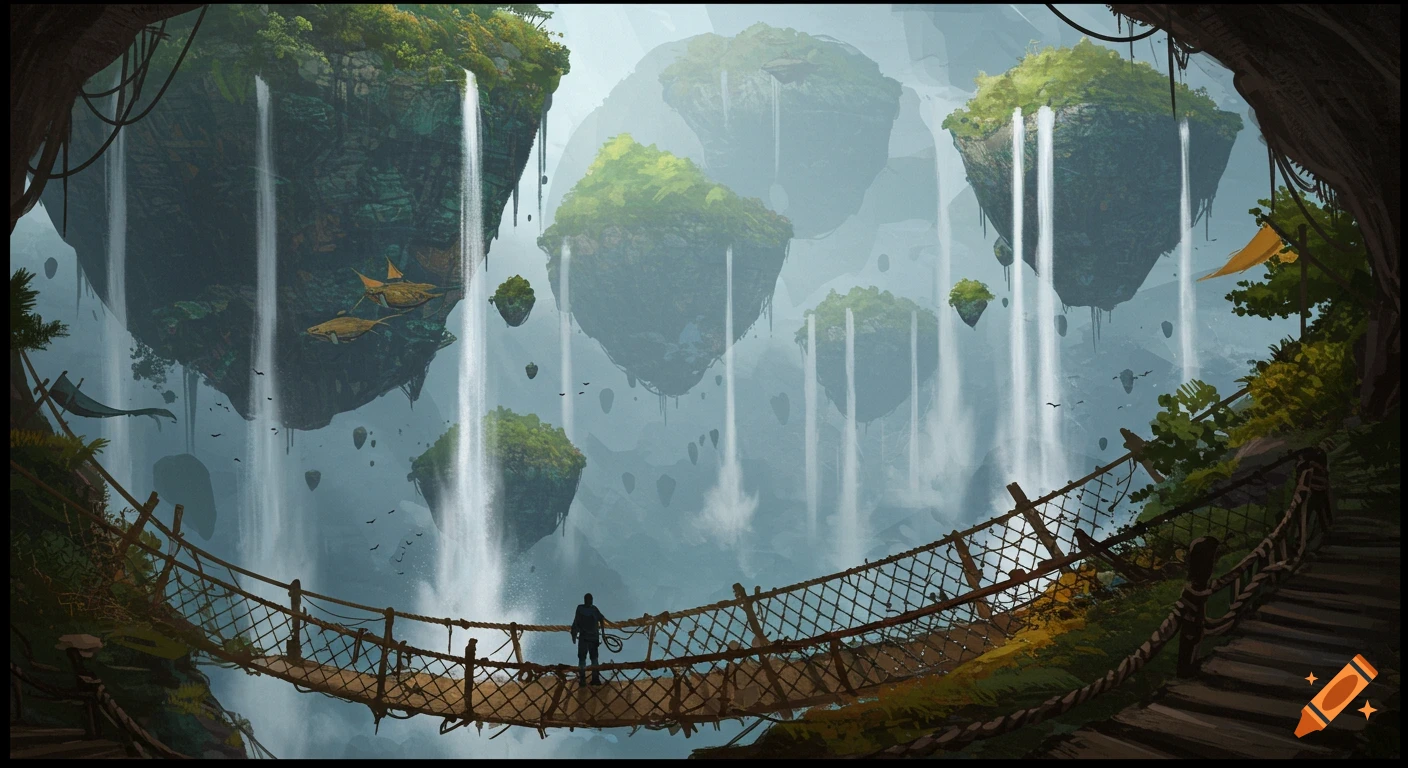 A person crosses a rope bridge leading to massive floating islands with ...