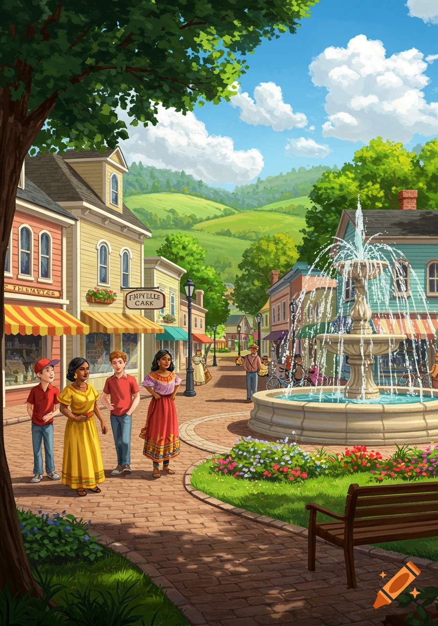Vibrant illustration of a bustling town square with people, buildings, a fountain, and rolling green hills in the background.