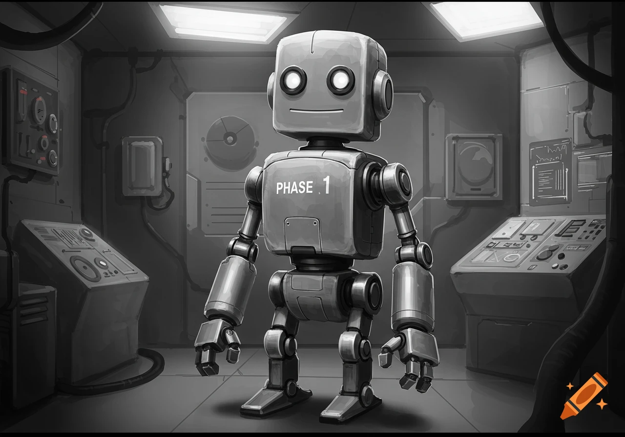 A grey robot with "PHASE 1" on its chest stands in a monochrome lab with control panels, illuminated by overhead lights.
