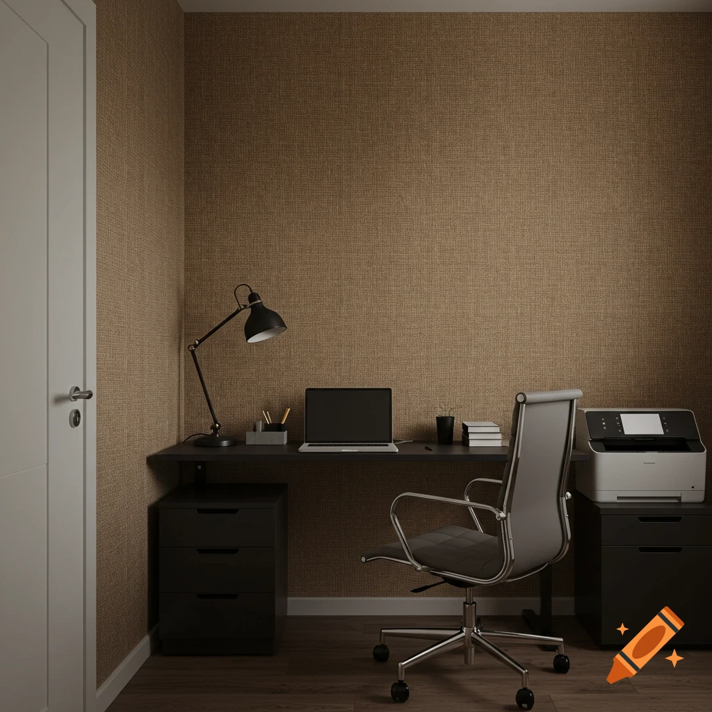 Minimalist home office with a dark desk, laptop, ergonomic chair, and printer against a textured brown wall.
