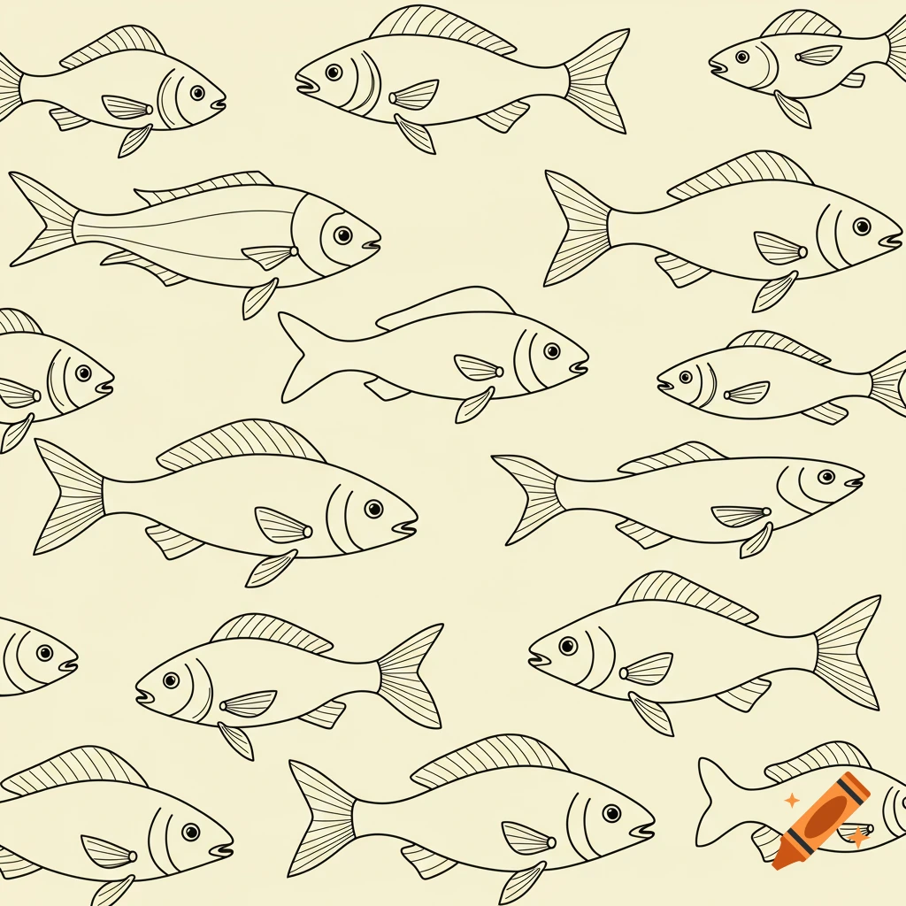 A seamless repeating pattern of stylized line drawings of fish on a plain background.