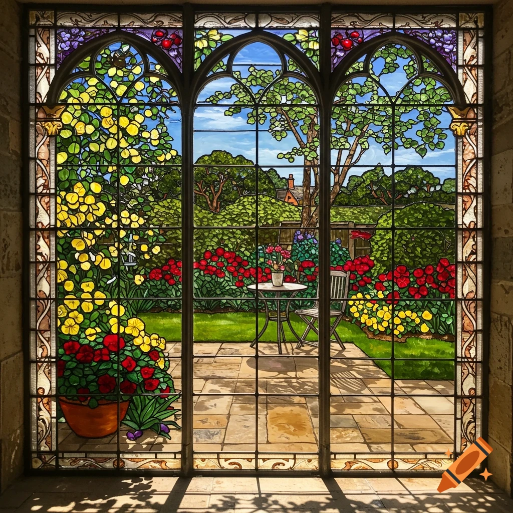 Stained glass window depicting a vibrant garden with flowers, trees, and a patio table under a sunny sky.