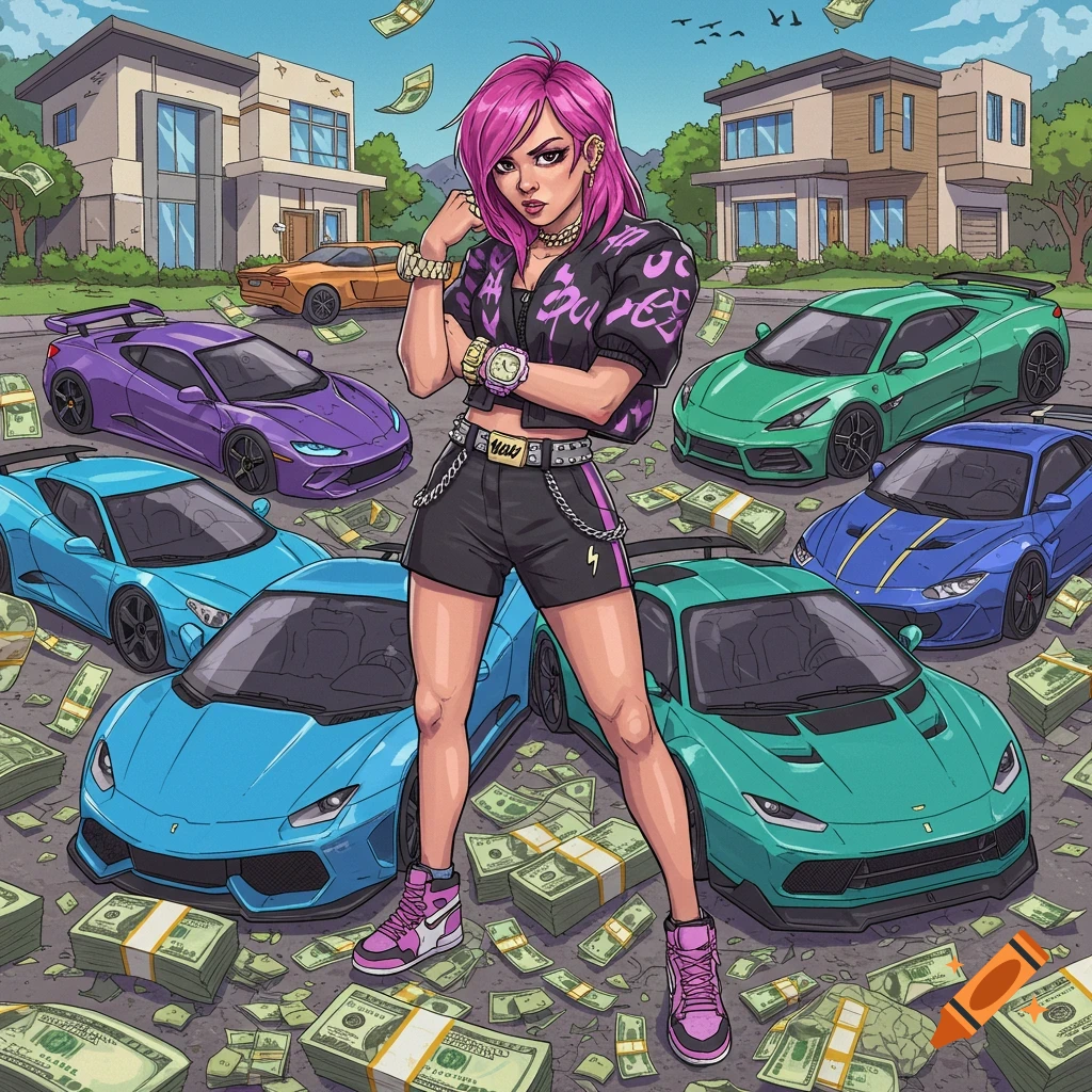 A stylized illustration of a woman with pink hair and an edgy outfit standing among stacks of cash and luxury sports cars in front of suburban houses.
