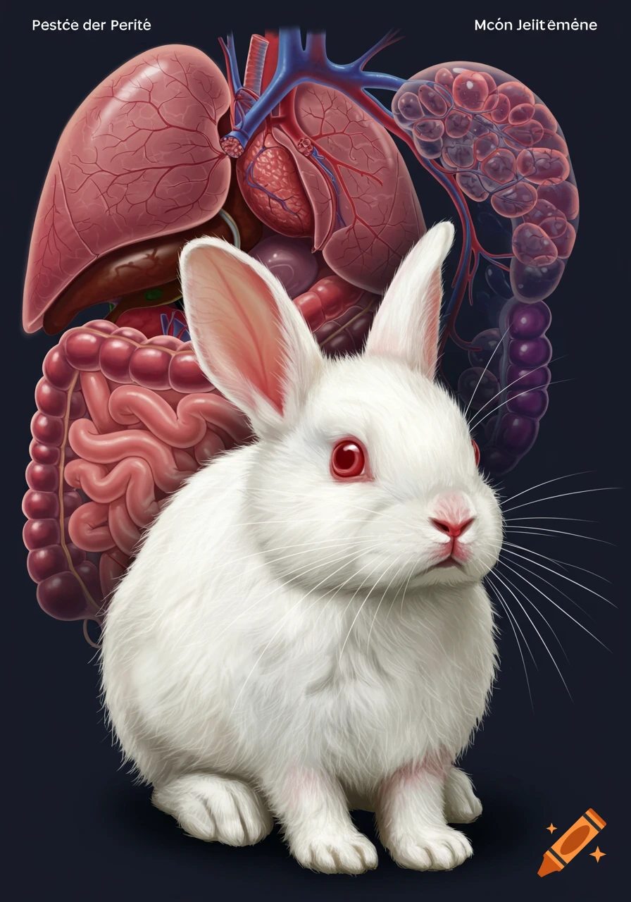 Artistic illustration of a white rabbit with red eyes in front of stylized internal organs.