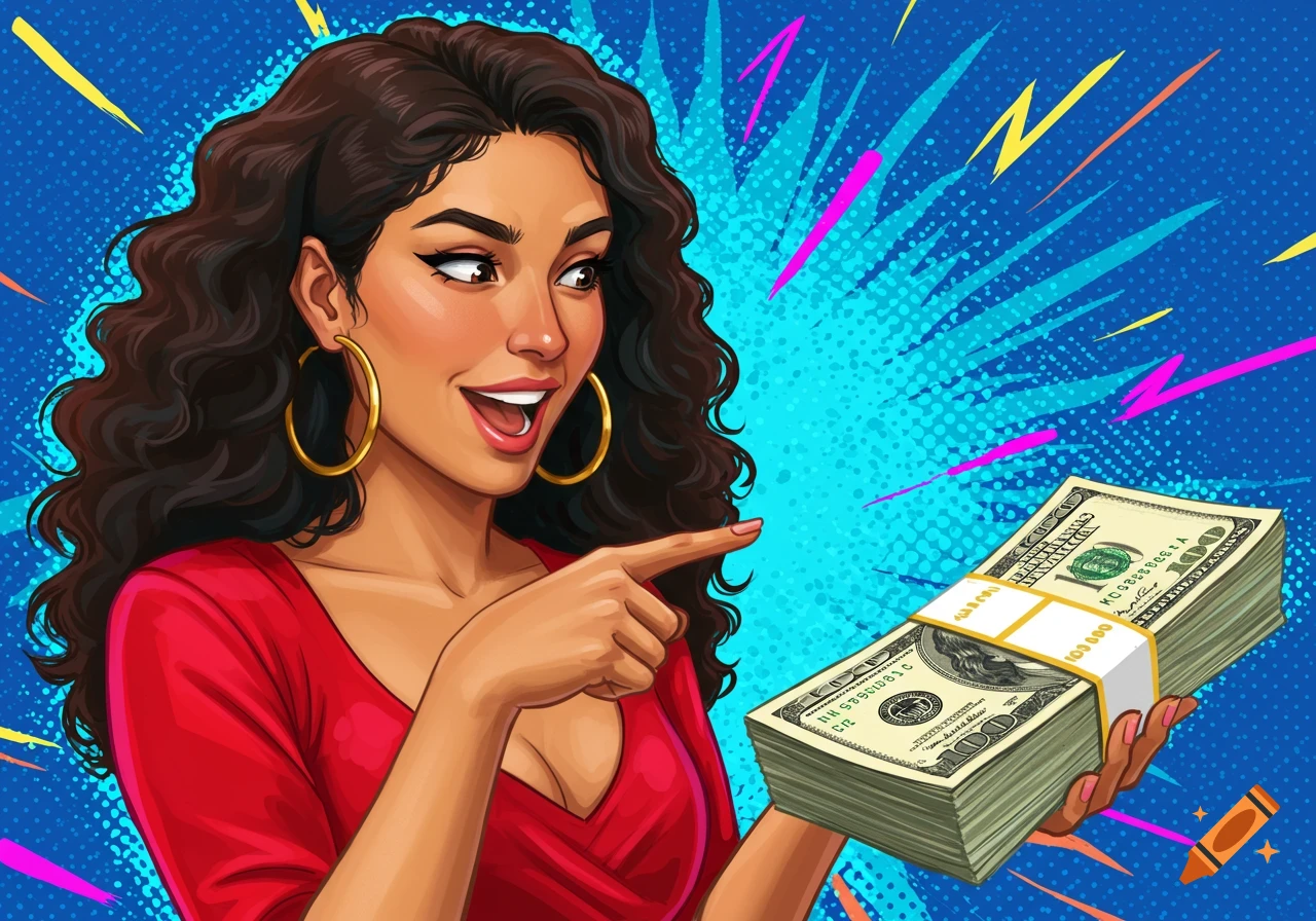 A stylized pop art illustration of a smiling woman in a red top pointing to a large stack of money in her hand against a vibrant blue background.