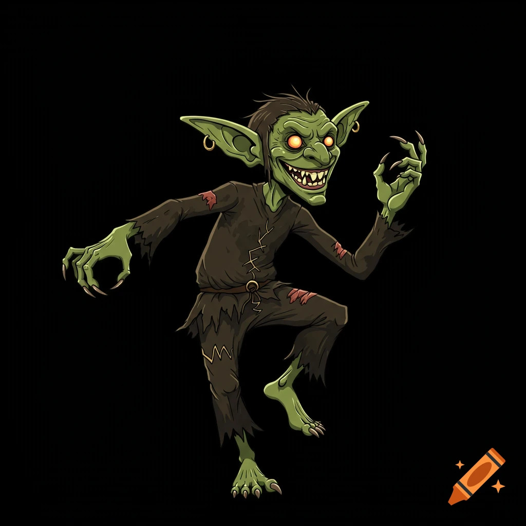 A creepy green goblin with glowing red eyes, sharp teeth, and long claws, wearing ragged brown clothes, in a dynamic vector art pose on a black background.