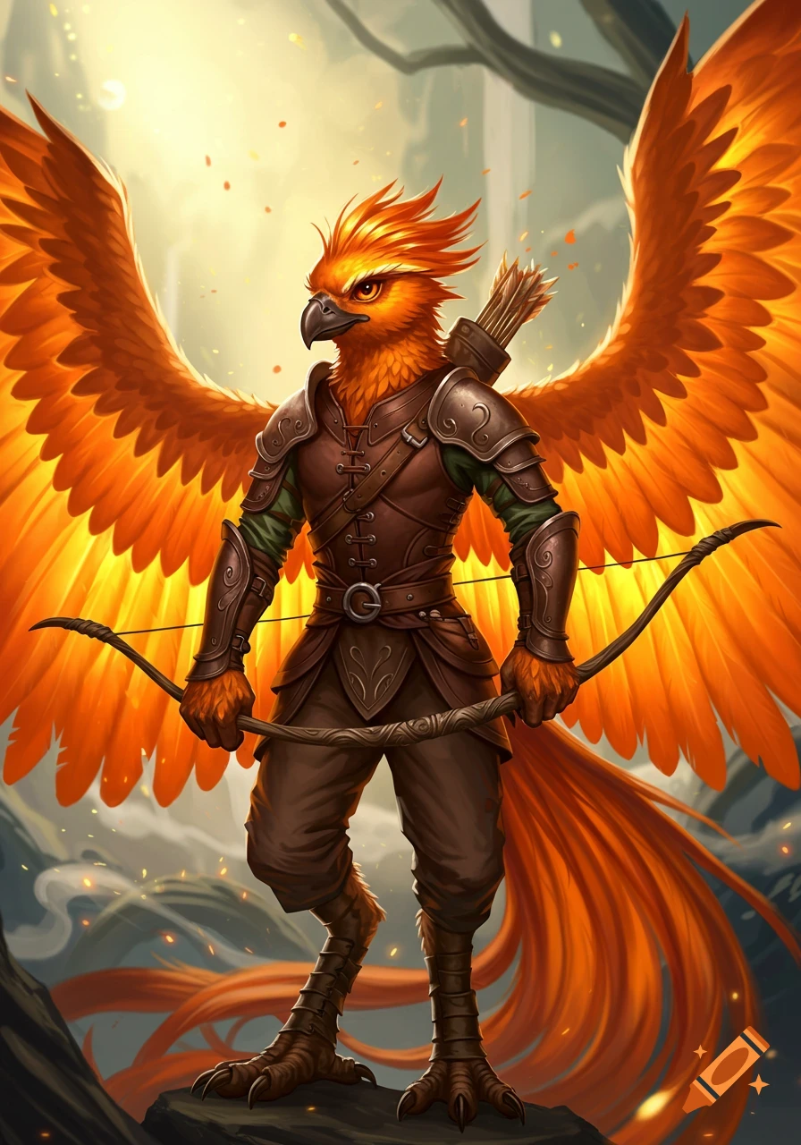 Anthro phoenix-style avian fantasy ranger with orange feathers, armor, and a bow, standing in a vibrant, detailed art style.