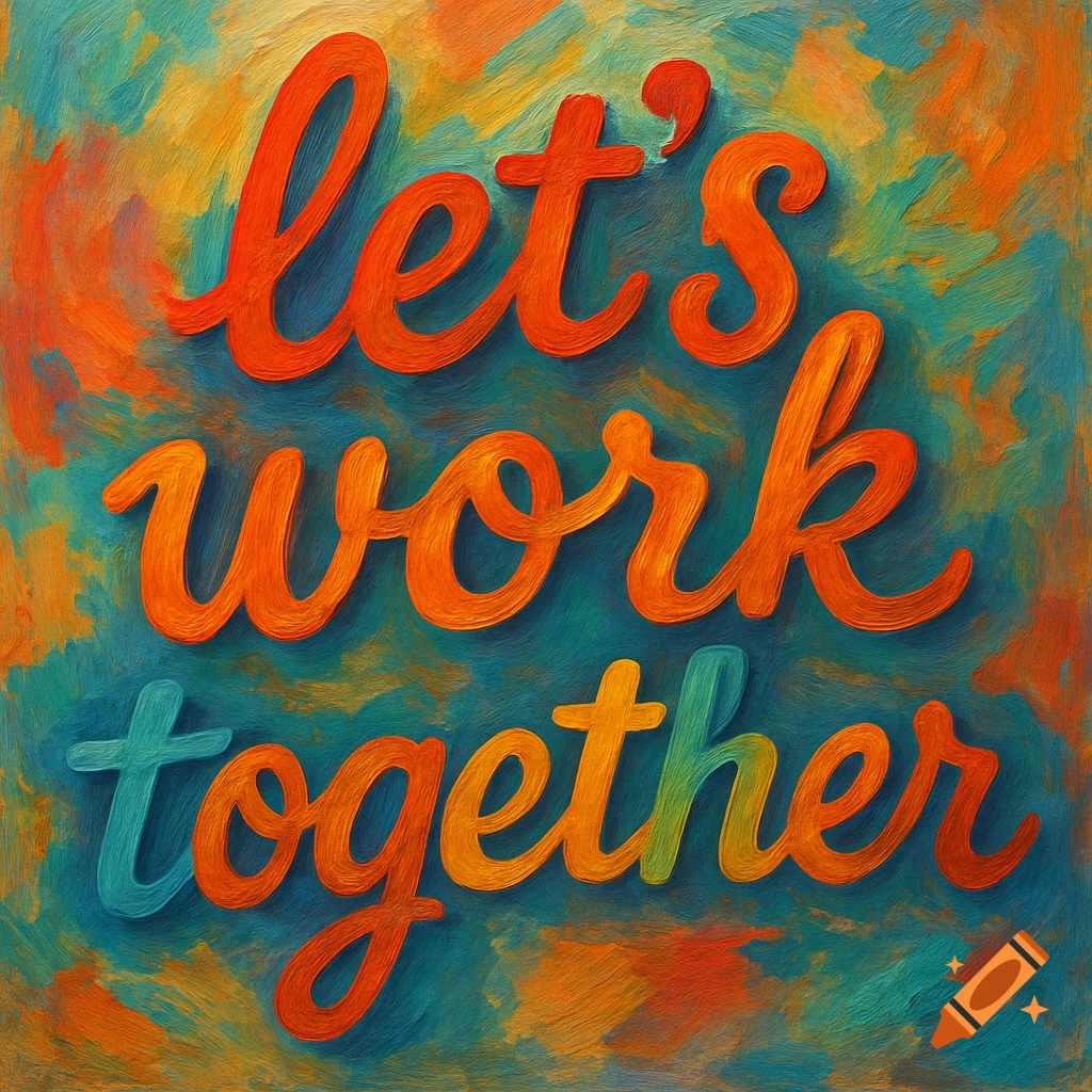 Colorful, painterly word art illustration spells out 'let's work together' in orange and teal.