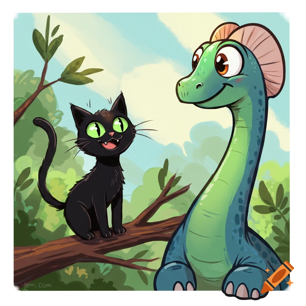 A cartoony black cat on a tree branch looks at a green diplodocus in a lush forest.