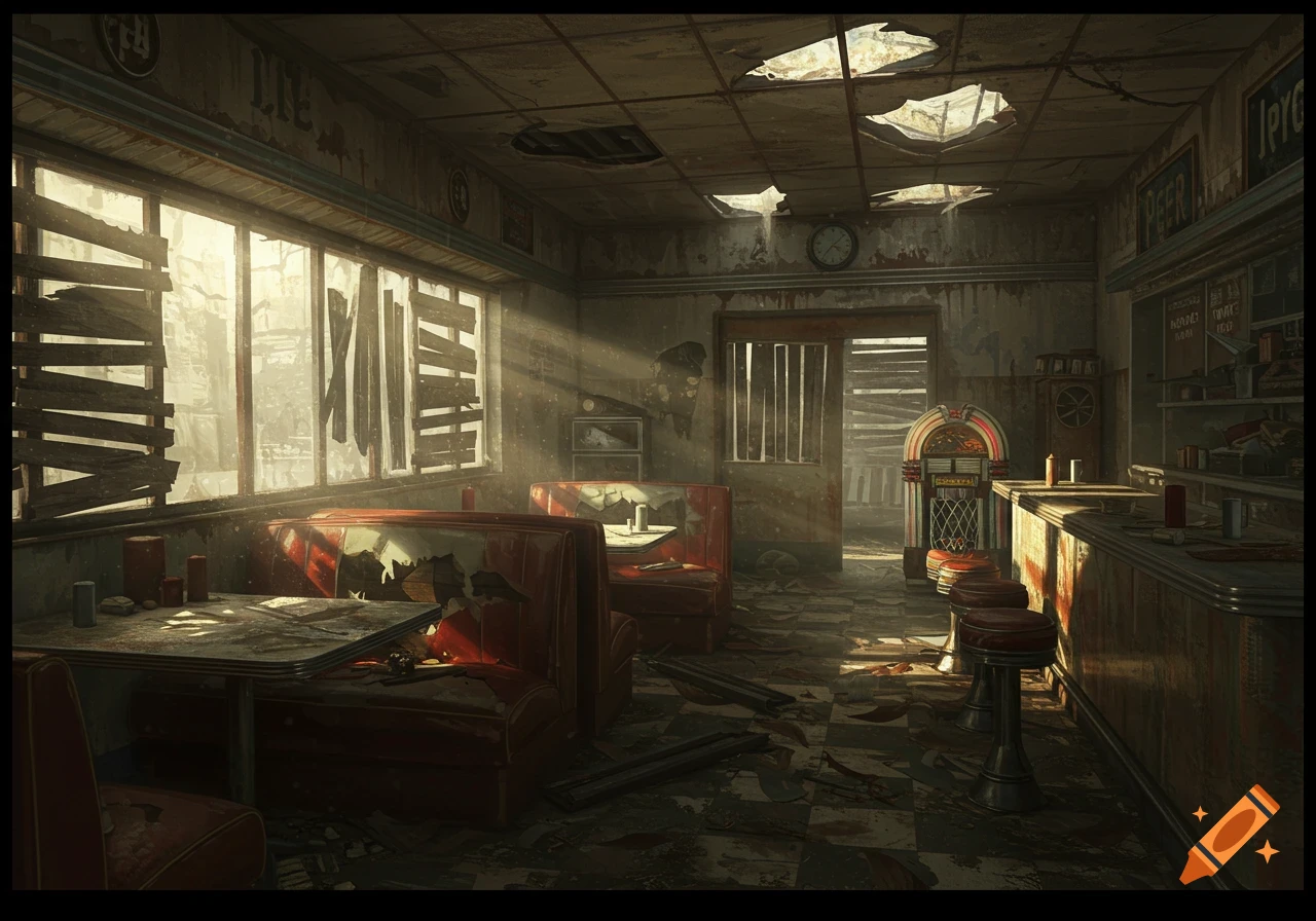 A derelict 1950s-style diner with torn red booths, a broken jukebox, and sunlight streaming through boarded-up windows, evoking a post-apocalyptic atmosphere.