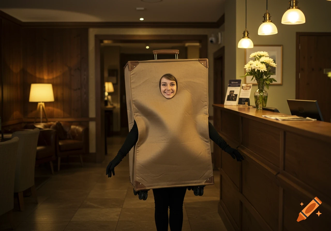 A smiling woman in a large, rectangular luggage bag costume stands in a warm, inviting hotel lobby with dim lighting.