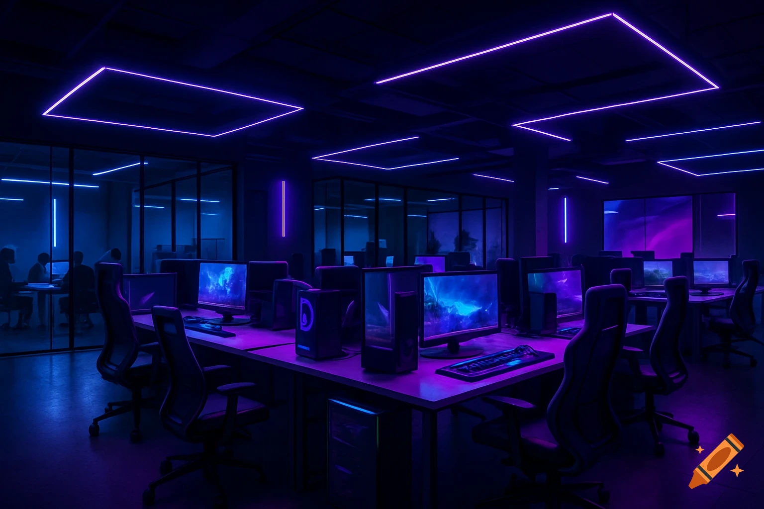 Modern tech office with rows of gaming workstations, glowing neon blue and purple lights, and abstract screens, in a photorealistic style.