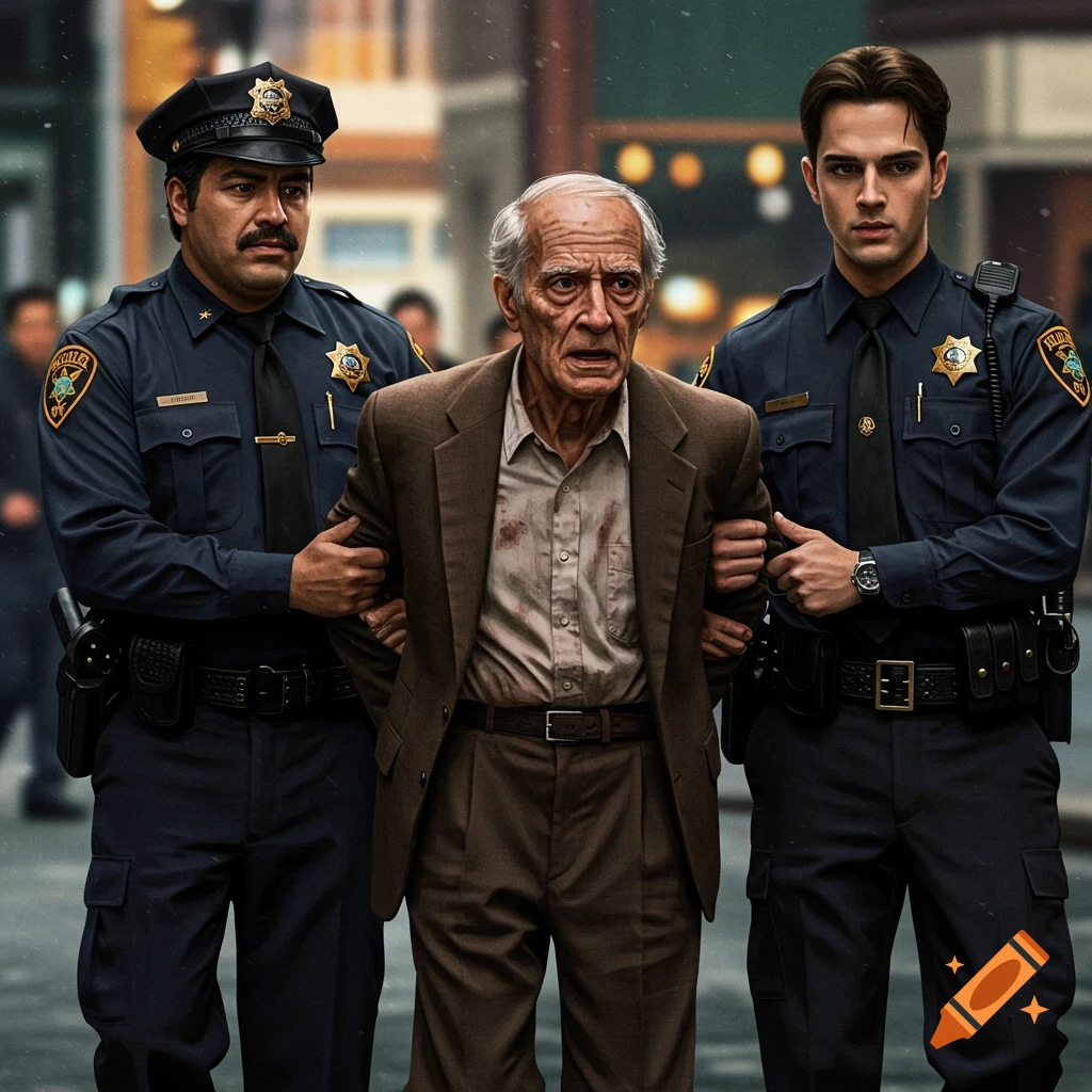 Photorealistic image of two police officers in uniform holding an old man in a suit by his arms, seemingly arresting him on a city street.
