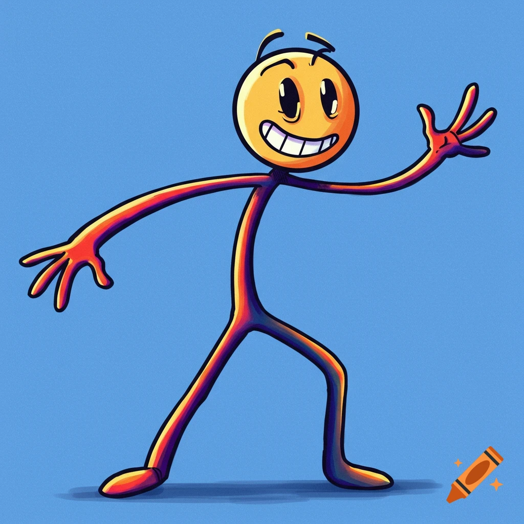 A colorful stick figure with a yellow cartoon face smiles and waves on a blue background.