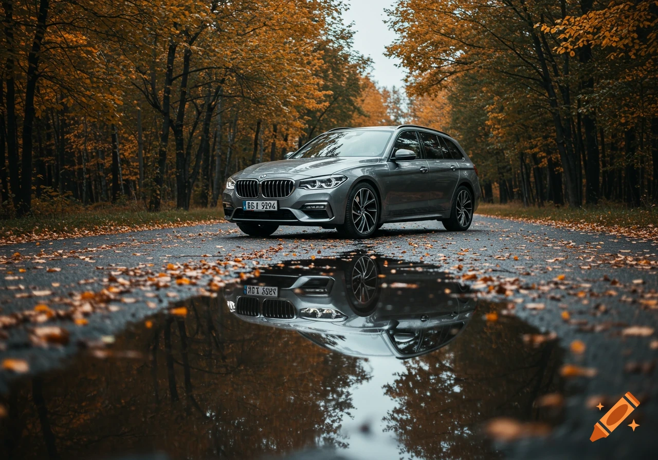 A grey station wagon parked on a wet asphalt road covered with autumn leaves, reflecting in a puddle, surrounded by fall trees.