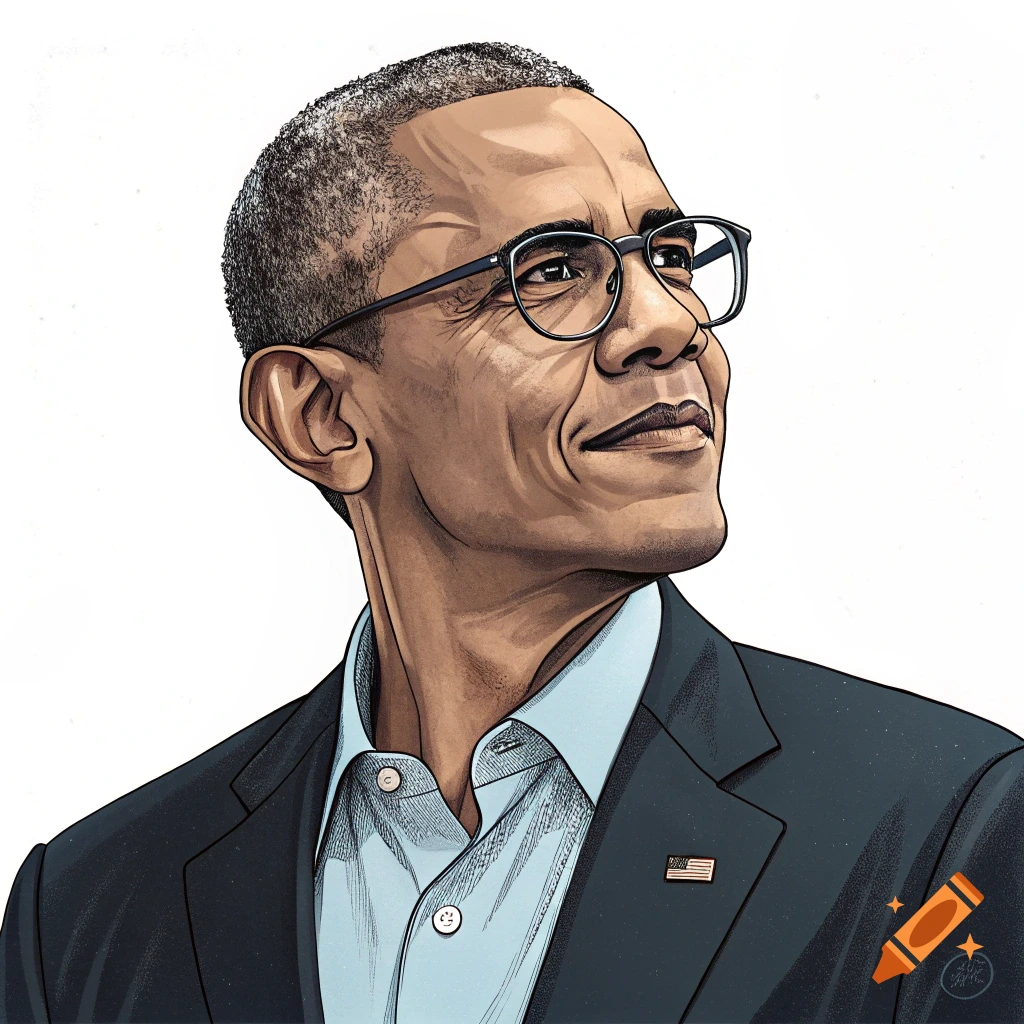 Illustrated portrait of Barack Obama wearing glasses, a light blue shirt, and a dark suit, looking up and smiling slightly.