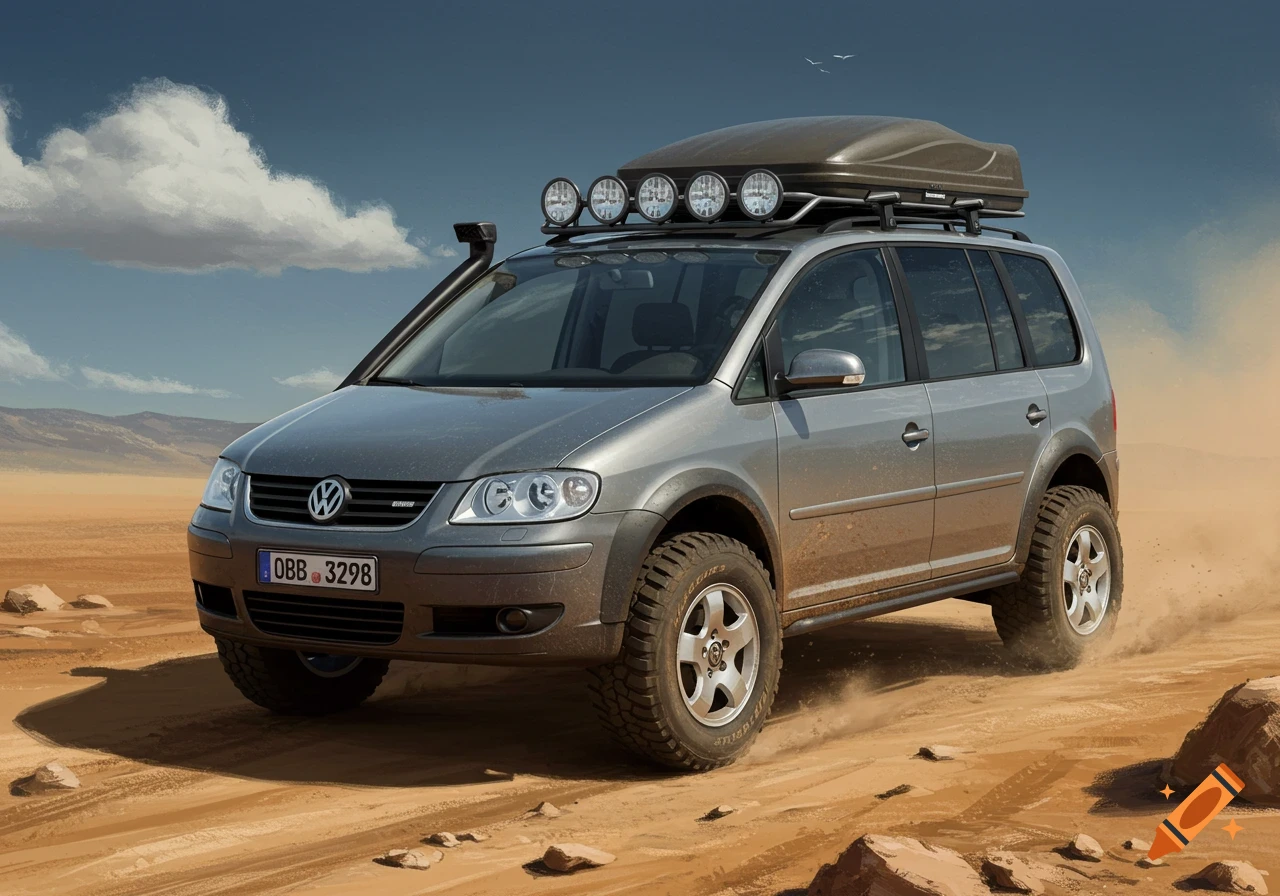 A silver off-road Volkswagen Touran with a roof rack and spotlights drives through a dusty, rocky desert.
