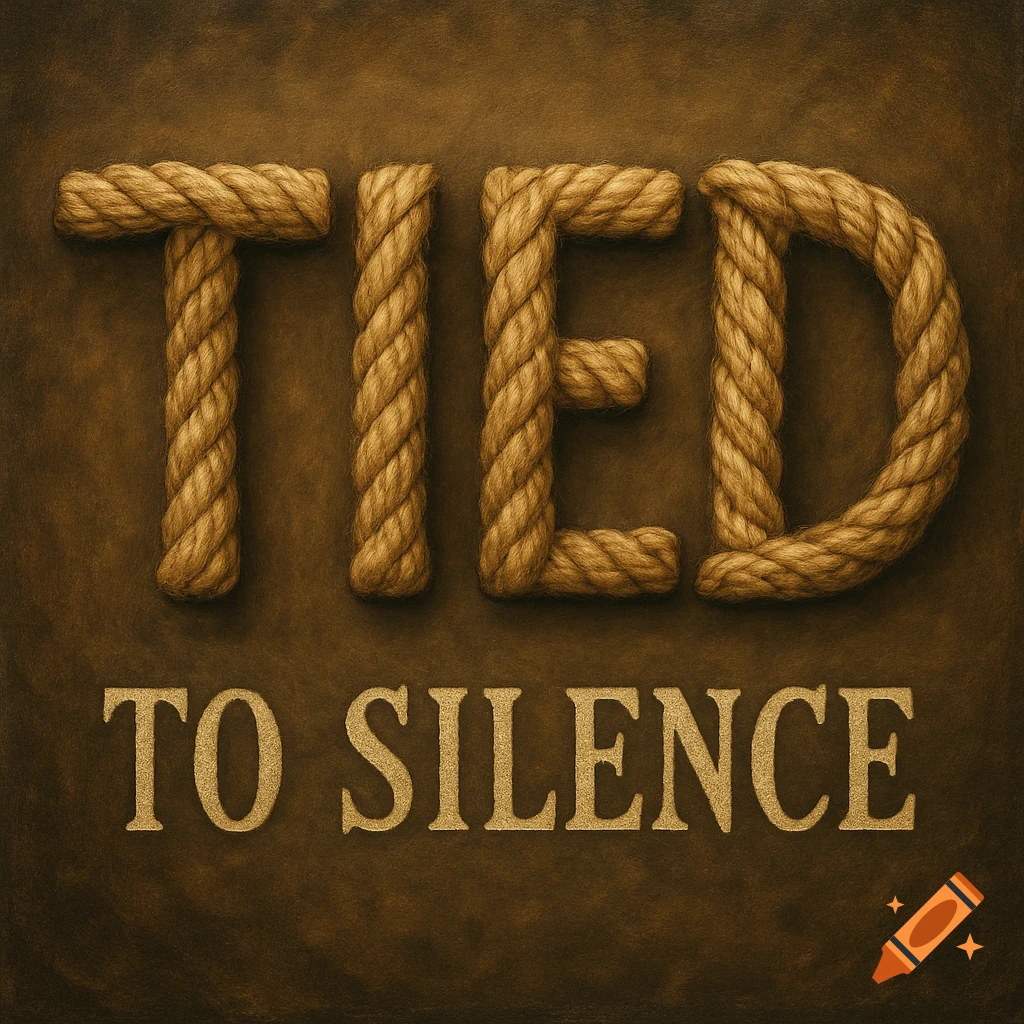 The word TIED made from rope above the words TO SILENCE on a textured brown background.