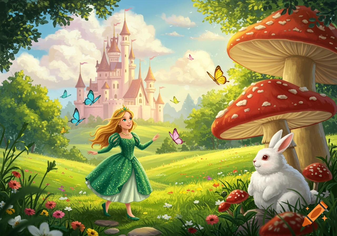 A fairytale scene with a princess in a green dress, a white rabbit, giant mushrooms, and butterflies near a castle in a colorful meadow.