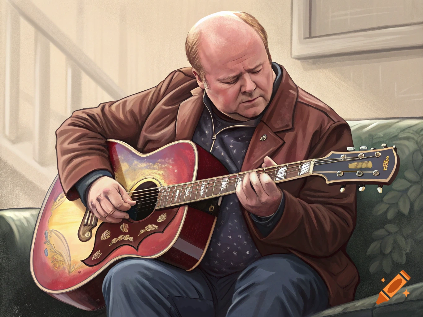 An illustrated man with a bald head and a brown jacket plays an acoustic guitar.