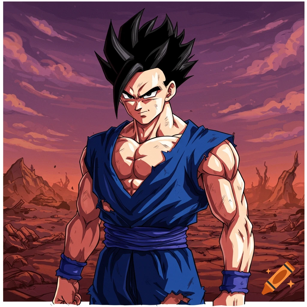 An anime drawing of Future Gohan from Dragon Ball Z, with spiky black hair and a ripped blue gi, standing in a desolate landscape under a purple sky.