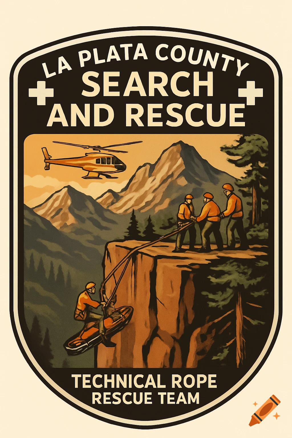 A vector art logo for La Plata County Search and Rescue, showing a helicopter and a rope rescue team on a mountain cliff.
