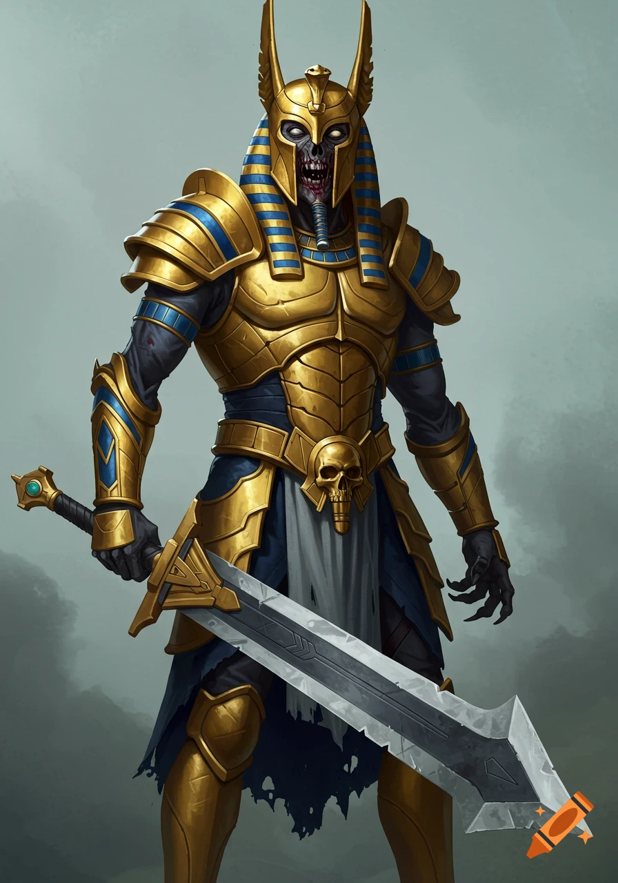 A formidable Egyptian zombie lord in ornate gold and blue armor, wearing an Anubis-like helmet, holds a large, menacing sword.