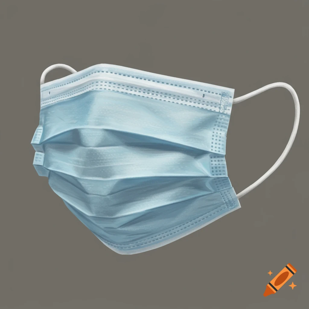 A light blue surgical mask with pleats and white ear loops, depicted against a gray background.