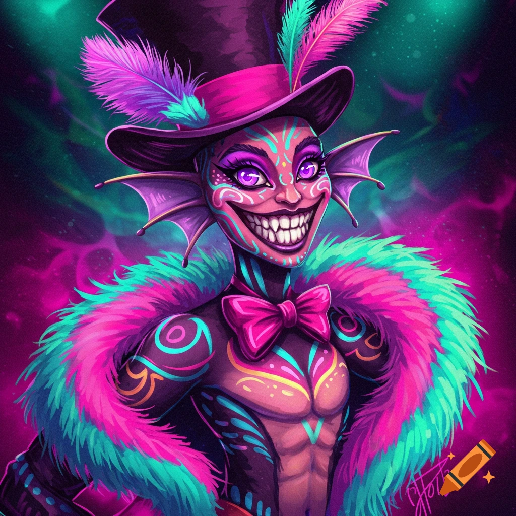 A vibrant, monstrous circus character with a wide, toothy grin, purple eyes, a top hat, and a fluffy pink and teal boa in a colorful, digital art style.
