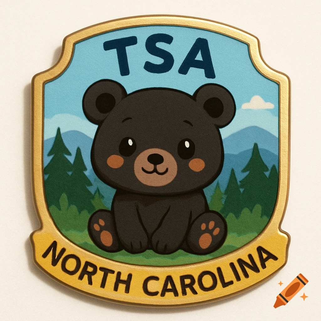 A cute black bear sits on a golden shield-shaped pin with "TSA" and "NORTH CAROLINA" text, against a background of mountains and pine trees, in a cartoon style.