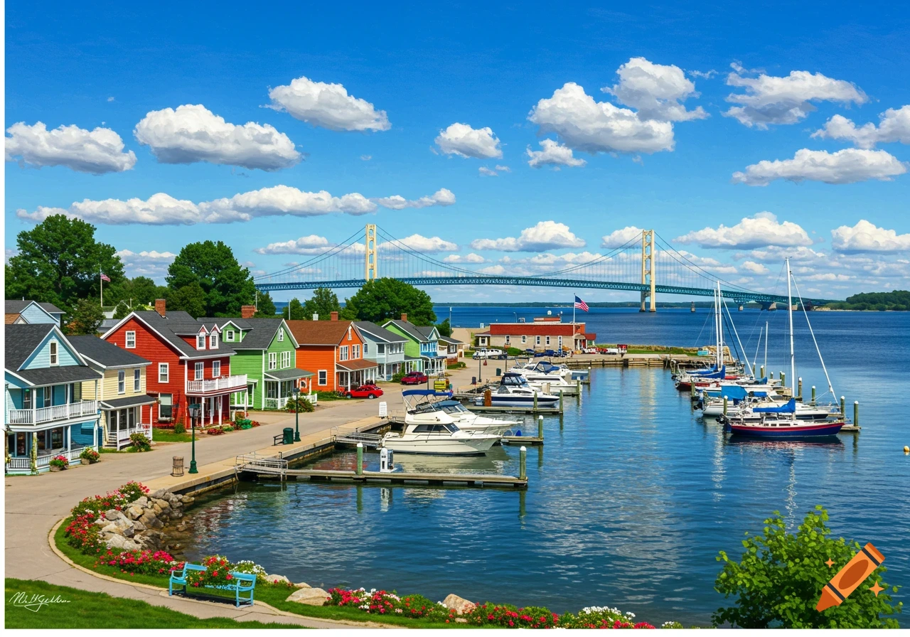 Colorful houses line a harbor with boats, leading to a large suspension bridge under a bright blue sky.