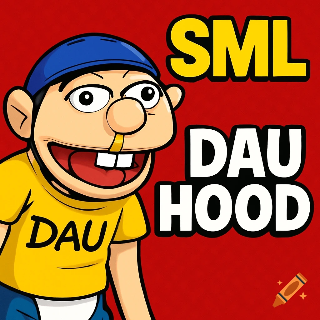 Cartoon character Jeffy in a blue hat and yellow shirt with a gold tooth, on a red background with "SML DAU HOOD" text.