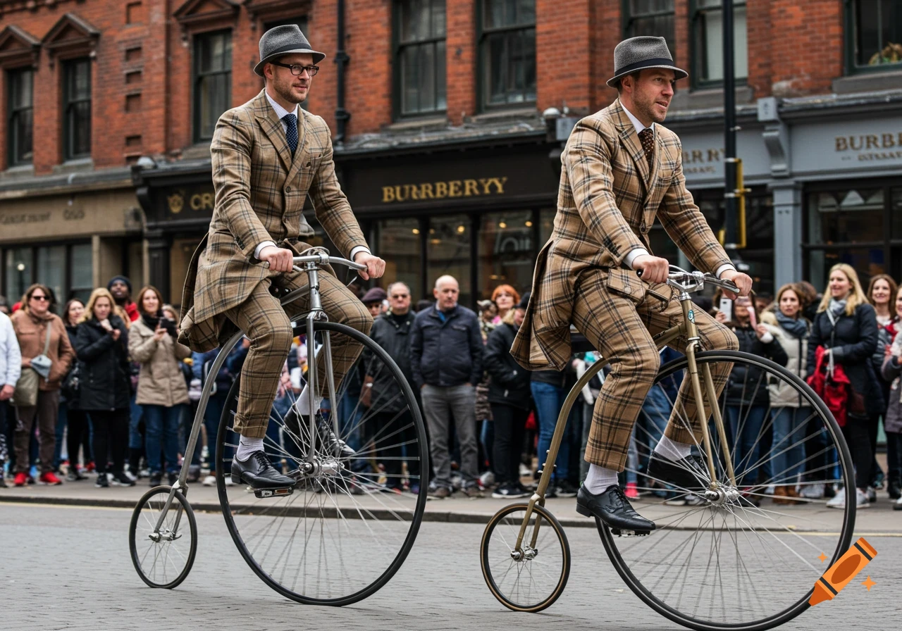 Two men in stylish plaid suits and hats ride vintage penny-farthings down a city street with a crowd watching.