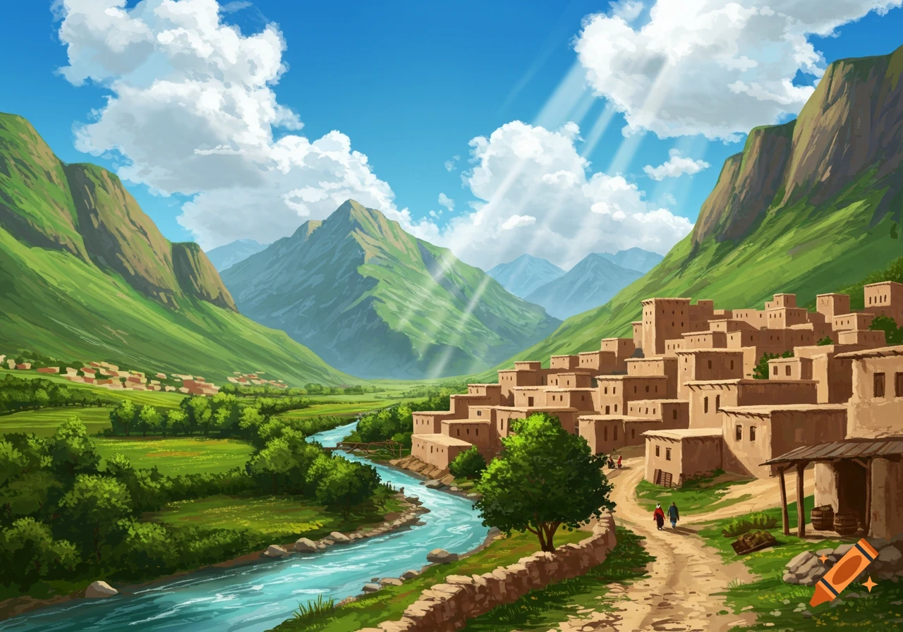 Illustrative view of a village in a lush green mountain valley with a winding river, mud-brick houses, and sun rays.