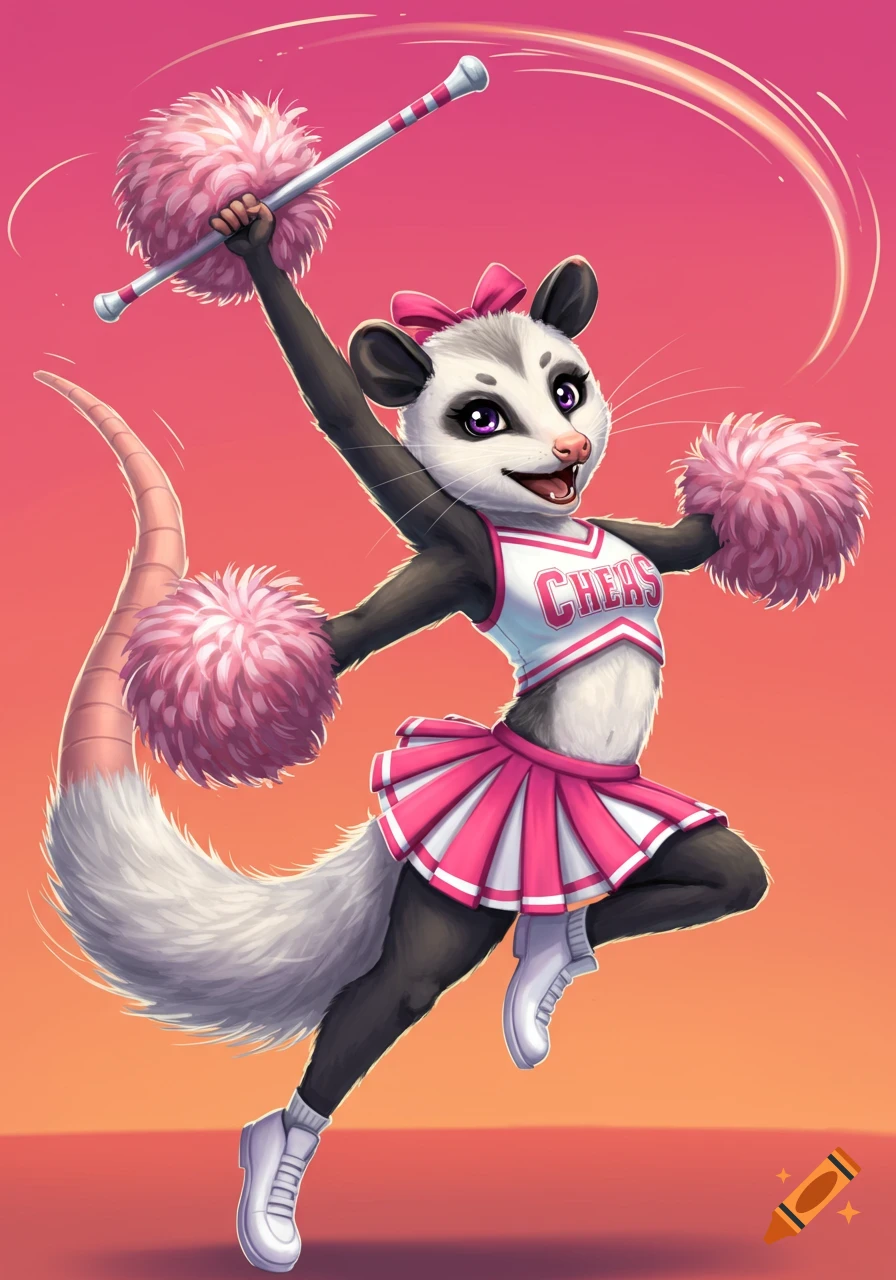 A cartoon opossum cheerleader in a pink and white uniform jumps while twirling a baton and holding pink pom-poms.