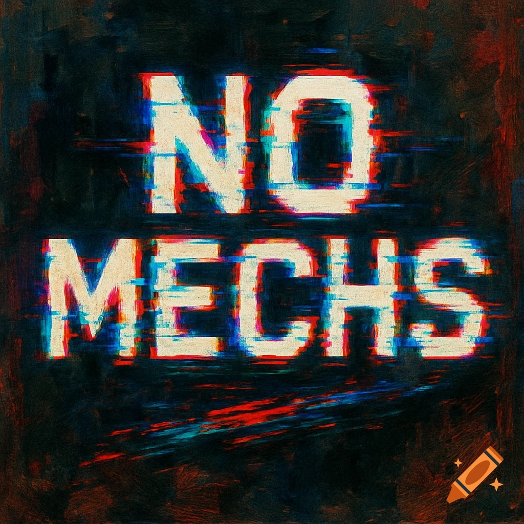 White block letters 'NO MECHS' with red and blue glitch effects on a dark, textured background.