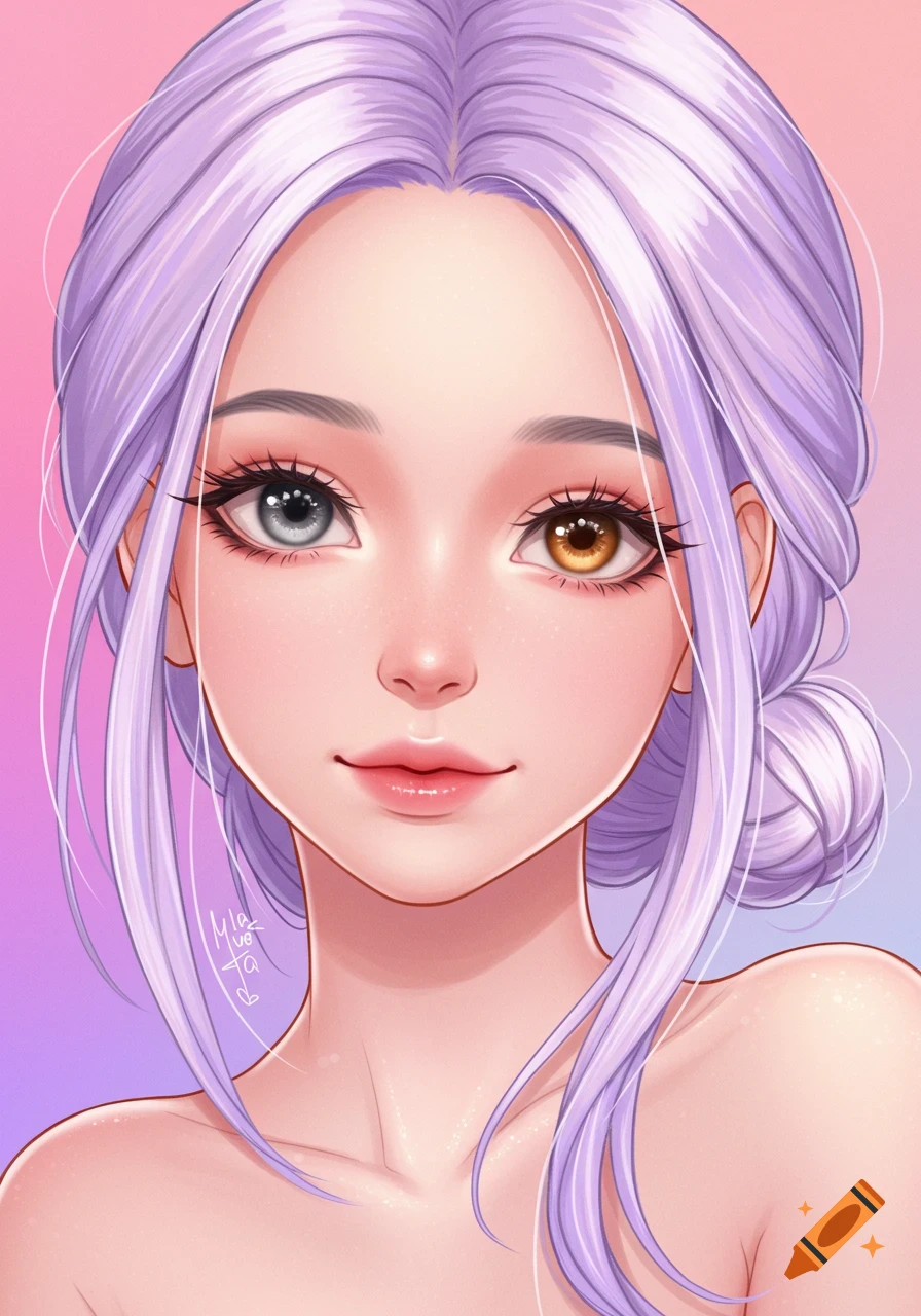 Anime portrait of a woman with long purple hair, gray left eye, and hazel right eye.