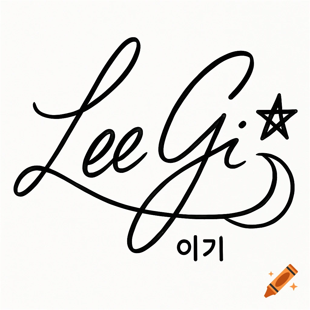 A stylized black signature with the name "Lee Gi" in cursive, a small Korean text "이기" below it, and a star and a crescent moon symbol to the right, all connected on a white background.