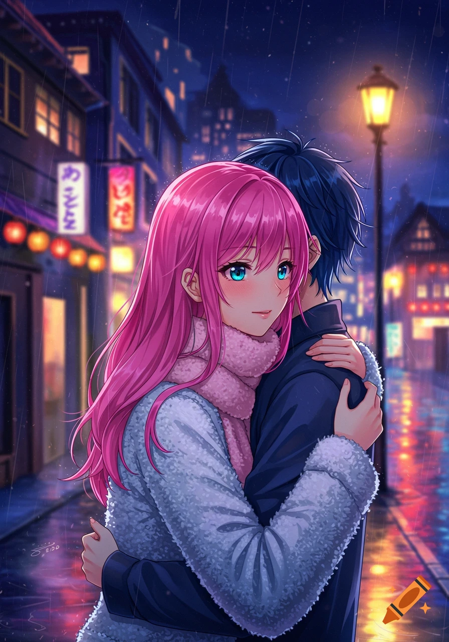 Anime couple embraces on a city street during a rainy night, illuminated by streetlights and neon signs.
