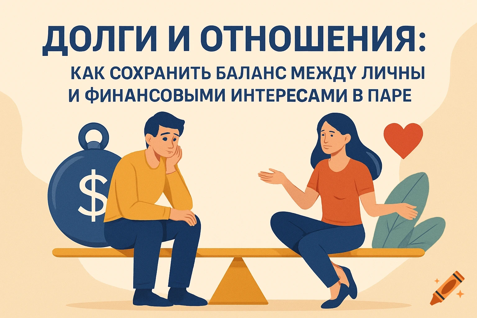 Illustration of a man with a money bag and a woman with a heart on a seesaw, with Russian text about debts and relationships.