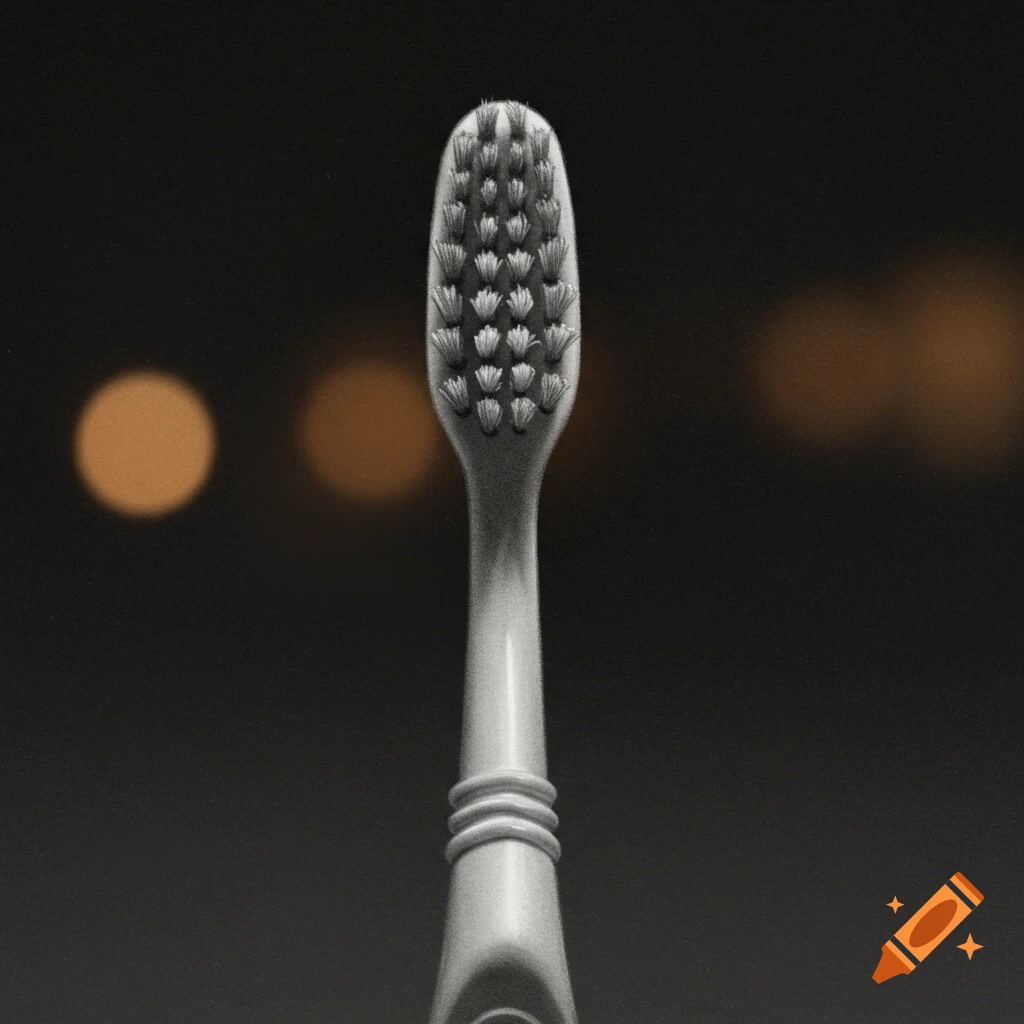 Close-up of a toothbrush head against a dark, blurry background with two bokeh lights.