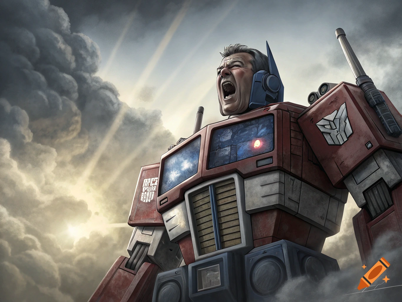 Optimus Prime robot with Jimmy Barnes's screaming head emerging from its top, set against a dramatic cloudy sky with light rays.
