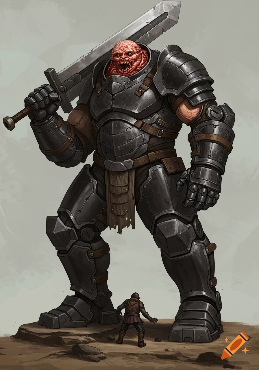 Gigantic armored monster with a red, brain-like head and a large sword towers over a small warrior in a barren landscape, in a fantasy art style.